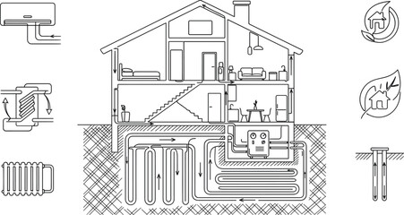 Fototapeta premium Geothermal Heat Pump System Infographic Vector Set with House Cross Section Heating Ventilation Air Conditioning Diagrams and Eco Friendly Energy Icons