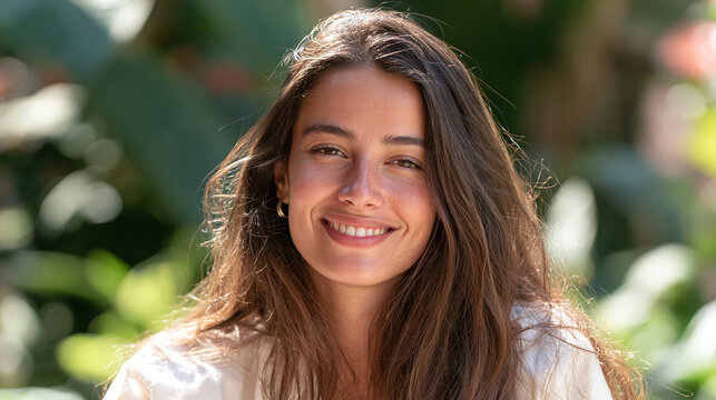 Young beautiful woman with long brown hair smiling outdoors in nature