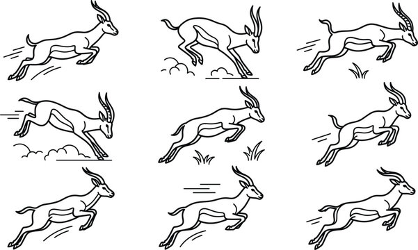 Running Gazelle and Antelope Vector Icon Set with Jumping African Safari Animals for Wildlife Conservation Sports Logos and Outdoor Adventure Graphic Designs