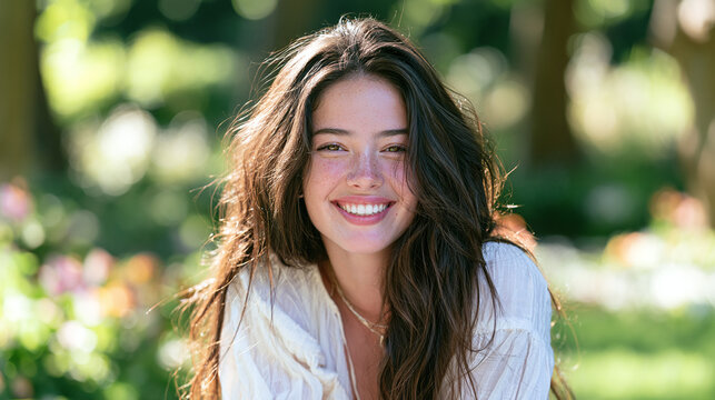 Beautiful young woman with dark hair smiling outdoors in green garden
