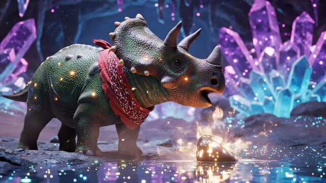 Fantasy dinosaur drinks from water in magical crystal cave. Dinosaur with glowing lights drinks near crystal formations. Fantasy creature in cave with purple crystal. Magical dinosaur drinking water.