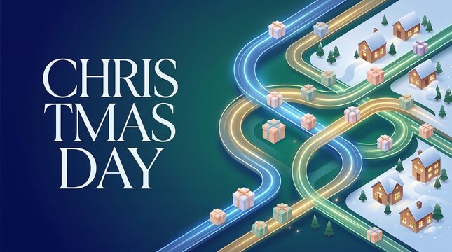 Christmas Day Isometric Illustration Featuring a Snowy Village with Winding Neon Glowing Roads and Gift Box Delivery Concept