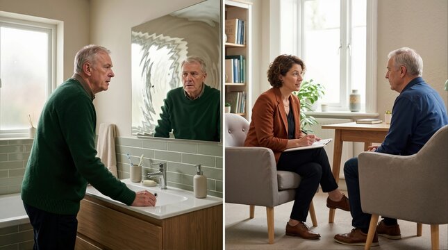 Schizophrenia concept with distorted reflection and therapy session. Split scene of senior man experiencing psychosis and receiving psychological counseling