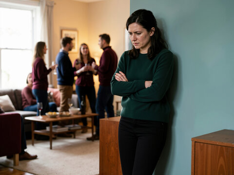 Young woman experiencing social anxiety at a house party. Isolated female feeling lonely and excluded while friends socialize in living room. Mental health and introversion concept