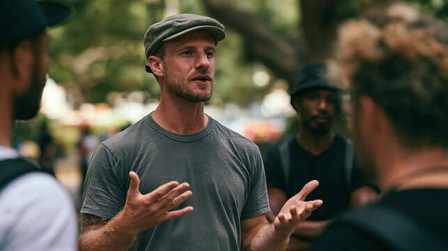 A man talk to friends outdoors in park with positive emotion and energy