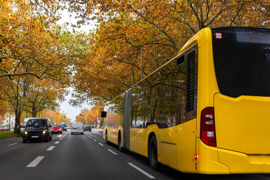 Yellow city bus drives through Berlin street framed by autumn trees and urban traffic. Municipal transport, mobility and seasonal commute create vivid public transit atmosphere in Germany today