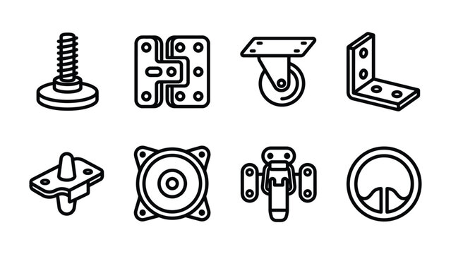 Hardware Components Assortment: A collection of various hardware components including a screw, hinge, castor wheel, angle bracket, mounting plate, speaker mount, latch, and a dial.