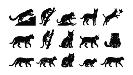 Obraz premium Collection of Cat Silhouettes: A striking collection of black silhouettes showcasing various feline species in dynamic poses, from stalking predators to playful companions.