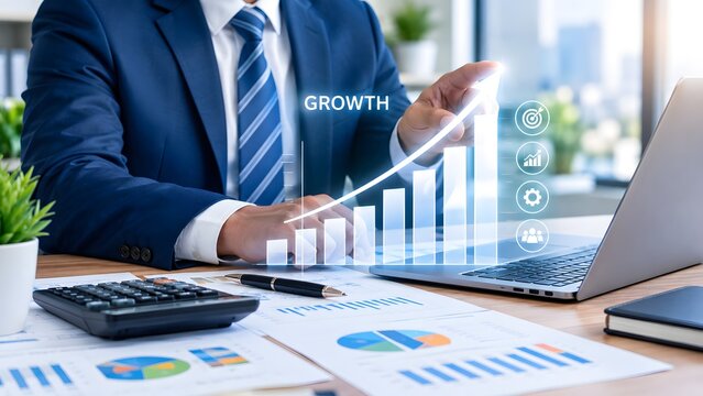 A professional businessman analyzes financial data and growth projections using technology aiming for strategic investment decisions and overall business success