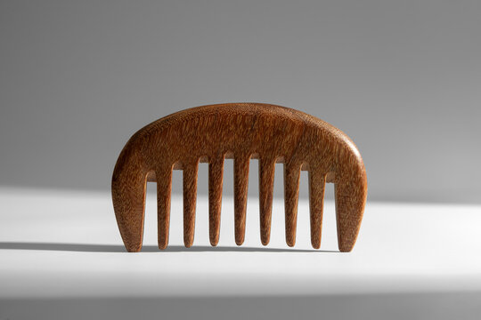 Wooden comb on light grey background with shadow