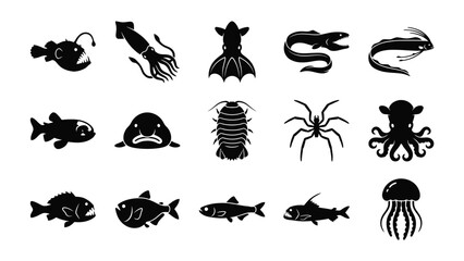 Obraz premium Deep Sea Creatures Collection: A comprehensive set of black icons depicting various marine life, from anglerfish and squid to octopus and jellyfish.
