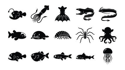 Obraz premium Marine Life Icons: A collection of stylized, black and white icons representing diverse marine creatures, including fish, octopus, jellyfish, and squid, set against a plain background.