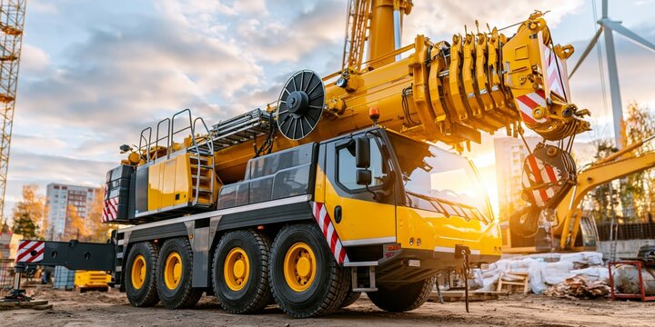 Yellow mobile crane on construction site at sunset, heavy machinery, industrial equipment, urban.
