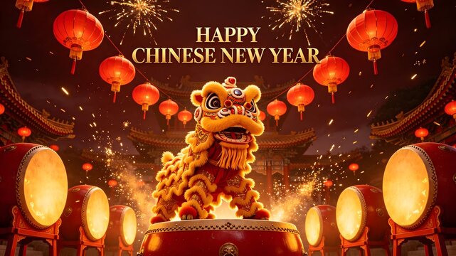 Happy Chinese New Year Lion Dance Banner with Drums and Lanterns   