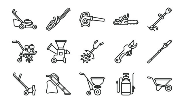 Garden Equipment Line Art: A collection of essential garden tools and machinery depicted in a clean, minimalist line art style, showcasing the essentials for landscaping and yard maintenance.
