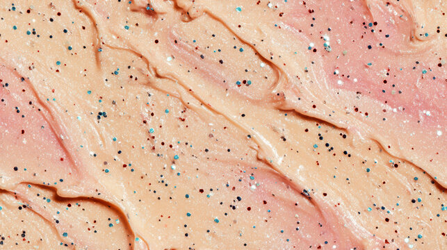 Macro texture of smeared peach cosmetic cream mixed with blue glitter and shiny sequins