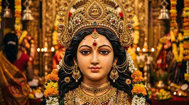 A stunning portrait of goddess durga beautifully adorned and radiating divine power captures the essence of the vibrant durga puja festival celebrations