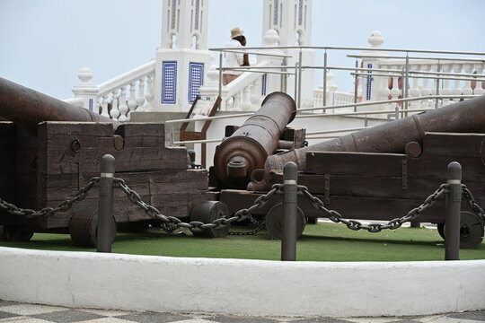 Medieval Cast Iron Cannons on Wooden Platforms Facing the Four Directions