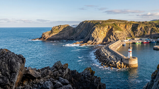 Panor&aacute;mica del puerto pesquero y faro del espig&oacute;n al atardecer, con acantilados verdes, mirador y casas t&iacute;picas frente al mar Cant&aacute;brico.