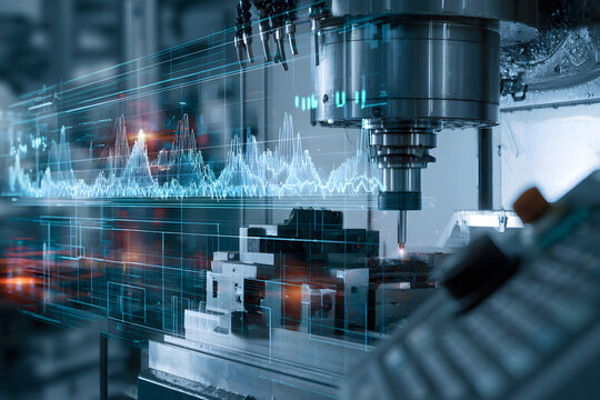 Using a CNC machine, digital overlays display vibration data. This integrates precision engineering with a smart factory approach for automated manufacturing and equipment monitoring.