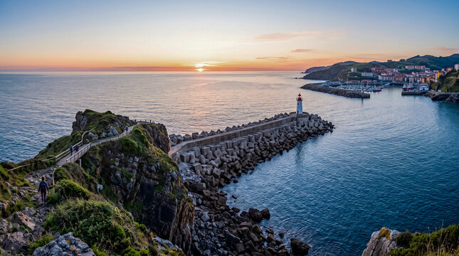 Panor&aacute;mica del puerto pesquero y faro del espig&oacute;n al atardecer, con acantilados verdes, mirador y casas t&iacute;picas frente al mar Cant&aacute;brico.