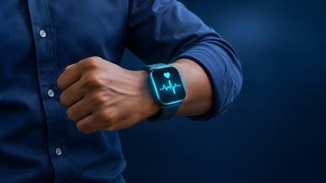 A stylish man showcases a modern smartwatch on his wrist emphasizing technology connectivity and a sophisticated lifestyle in a vibrant blue setting