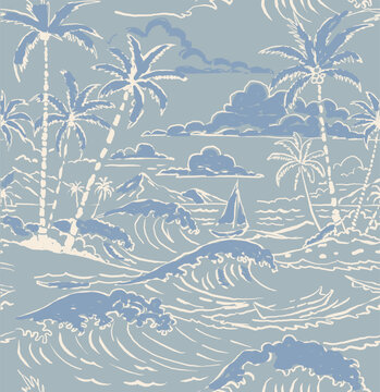 Vintage Summer Print Design. Brush Graphic Design. tropical beach, palm tree, hand drawing line art.  