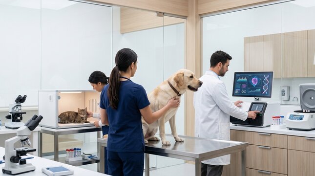 Veterinary clinic pet health diagnostics with veterinarians examining a dog and cat in a modern medical laboratory with high-tech equipment and digital data screens