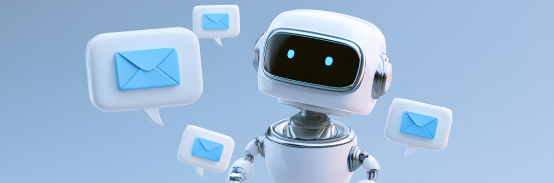 A clean blue digital communication design featuring a friendly chatbot robot assistant with speech bubbles and email messages. With a 3D rendering
