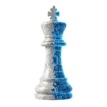 A chess king piece half made of white marble and half transformed into blue digital circuit board pattern with cyber chess