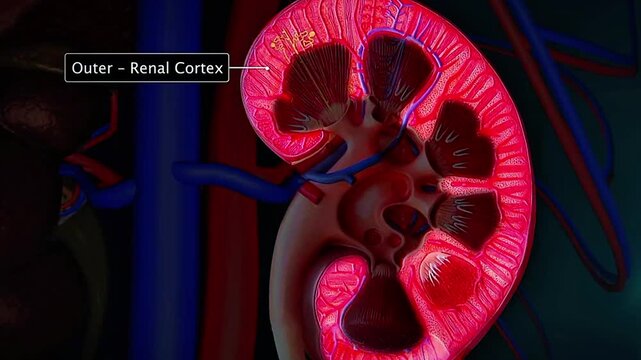 Longitudinal section of the kidney showing cortex, medulla, pyramids, calyces, pelvis, and ureter.