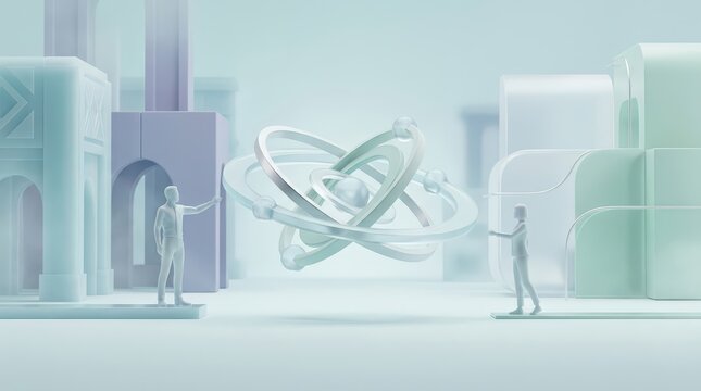 A 3D render featuring a floating atomic structure with planetary rings flanked by minimalist human figures and abstract architectural blocks in pastel tones.