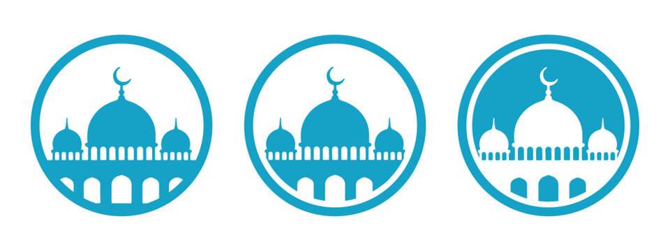 Islamic mosque vector logo set, blue round mosque icons with domes and crescent moon for Ramadan Mubarak, Eid Mubarak, or Islamic design.