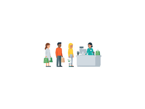 Flat illustration of diverse customers queuing at a retail checkout counter with shopping bags and a modern POS system.