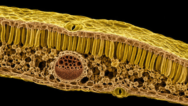 Colorized electron microscope cross section of leaf tissue showing cellular layers in yellow and brown, plant biology and botanical science concept on black background