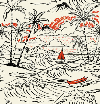 Hand Drawing Summer print pattern design. tropical seamless print design. textile fabric background. brush line art. beach print. big waves and mountain pattern.