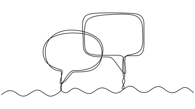 Self animated minimalist continuous line art drawing of two overlapping speech bubbles. Full length one line art animation, Two bubble speech continuous one line drawing video. minimalist style.