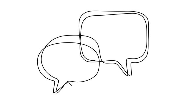 Self animated minimalist continuous line art drawing of two overlapping speech bubbles. Full length one line art animation, Two bubble speech continuous one line drawing video. minimalist style.