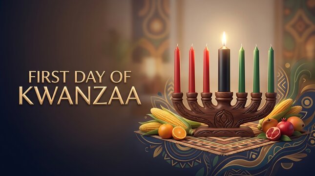 First Day of Kwanzaa Celebration Banner with Lit Kinara Candle Holder and Traditional Harvest Symbols
