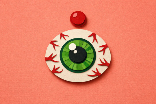 Green eyeball with red veins and alert dot on coral background