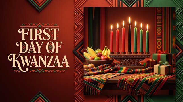 First Day of Kwanzaa Celebration Background with Kinara Lit Candles Fruits and African Patterns