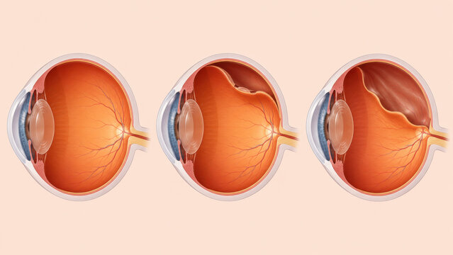 Retinal detachment illustration showing progressive stages of eye disease on peach background, anatomical ophthalmology diagram of retina, vitreous, lens, and macula for medical education
