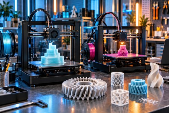 3D Printing Innovation: Two advanced 3D printers are actively creating intricate objects, showcasing the cutting edge of modern manufacturing and design.