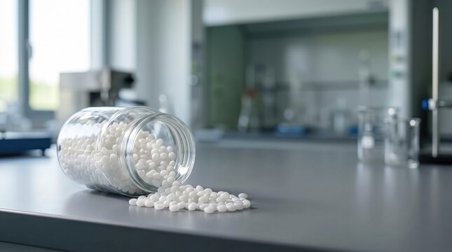 Sodium hydroxide pellets in glass jar on laboratory table. Caustic soda chemical reagent for chemistry