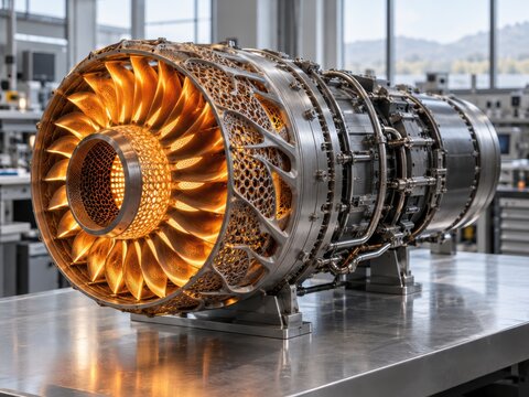 Advanced Jet Engine Turbine: A close-up view showcases the intricate internal components of a modern jet engine turbine, highlighting the advanced engineering and polished metalwork.