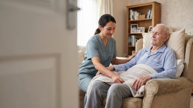 Elderly man resting in armchair with female home caregiver. Senior care and support concept