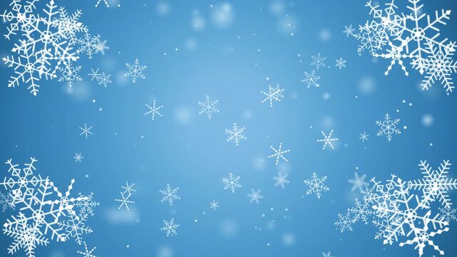 Crystalline winter snowflakes falling and drifting with soft glowing bokeh particles for holiday seasonal