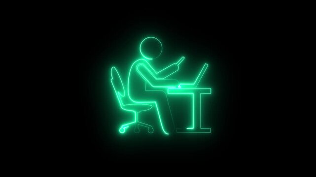 Glowing neon line working on computer icon.Businessman working in the computer icon.Office worker sitting at desk and working on computer icon