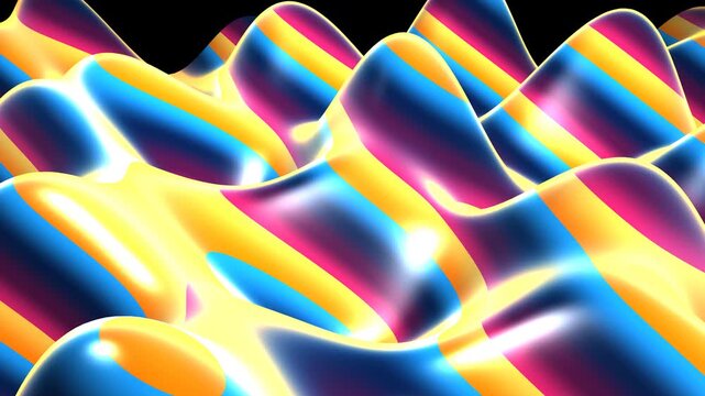 Colorful glossy liquid ribbons undulate in seamless harmonic motion, creating a vibrant modern abstract