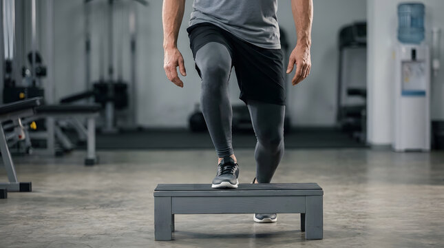 Man stepping onto a gray exercise step in a gym setting